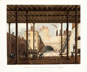 Raktárak stb. az alagút végén a Wapping felé, 1831-ben megjelent (kézi színes metszet)